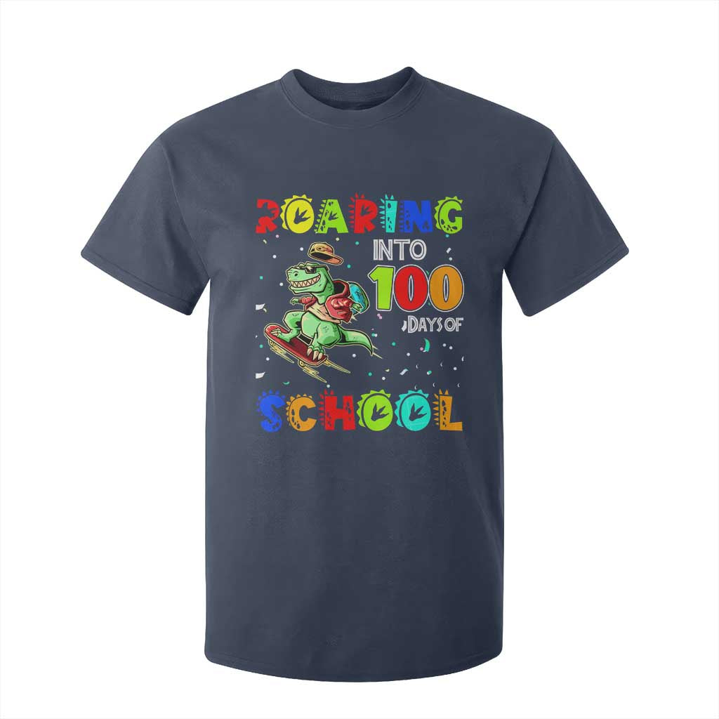 Funny Dinosaur Trex Roaring Into 100 Days Of School T Shirt For Kid TS10 Navy Print Your Wear