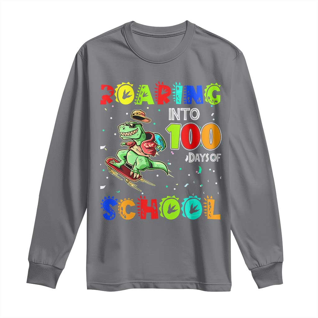 Funny Dinosaur Trex Roaring Into 100 Days Of School Long Sleeve Shirt TS10 Charcoal Print Your Wear