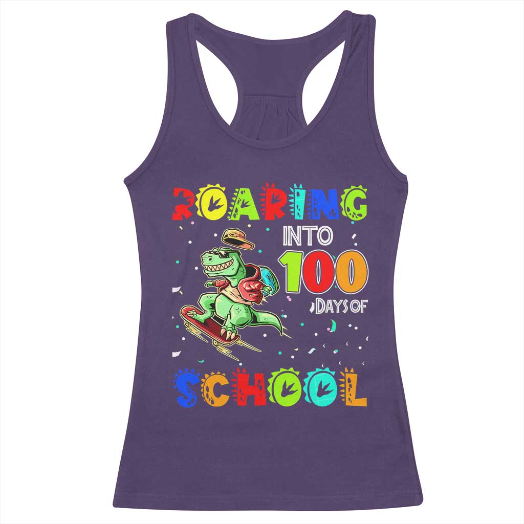 Funny Dinosaur Trex Roaring Into 100 Days Of School Racerback Tank Top TS10 Purple Print Your Wear