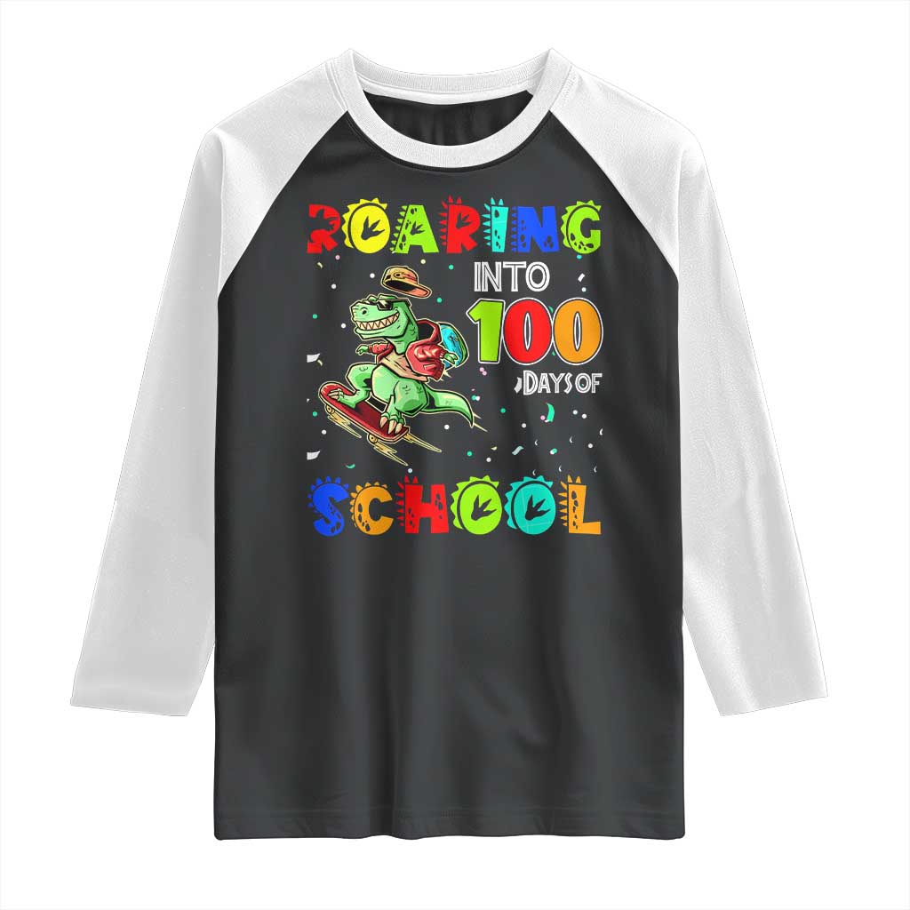 Funny Dinosaur Trex Roaring Into 100 Days Of School Raglan Shirt TS10 Black White Print Your Wear