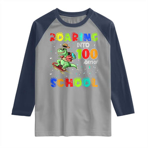 Funny Dinosaur Trex Roaring Into 100 Days Of School Raglan Shirt TS10 Sport Gray Navy Print Your Wear