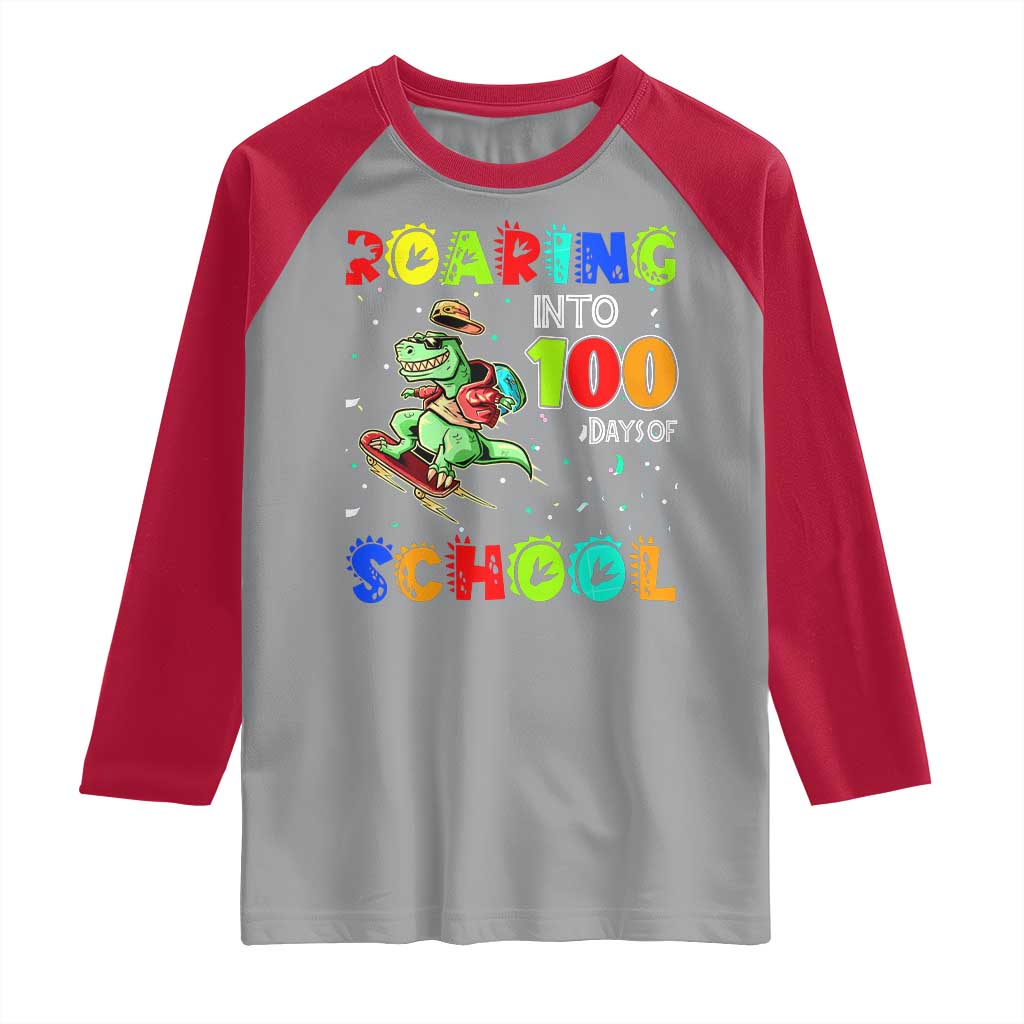 Funny Dinosaur Trex Roaring Into 100 Days Of School Raglan Shirt TS10 Sport Gray Red Print Your Wear