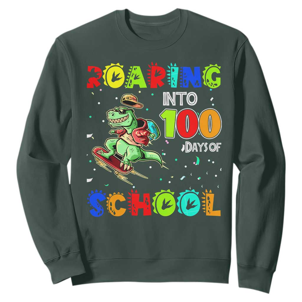 Funny Dinosaur Trex Roaring Into 100 Days Of School Sweatshirt TS10 Dark Forest Green Print Your Wear