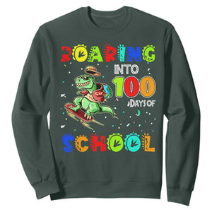 Funny Dinosaur Trex Roaring Into 100 Days Of School Sweatshirt TS10 Dark Forest Green Print Your Wear