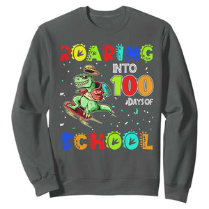 Funny Dinosaur Trex Roaring Into 100 Days Of School Sweatshirt TS10 Dark Heather Print Your Wear