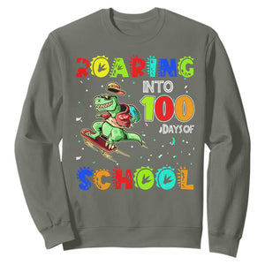 Funny Dinosaur Trex Roaring Into 100 Days Of School Sweatshirt TS10 Military Green Print Your Wear