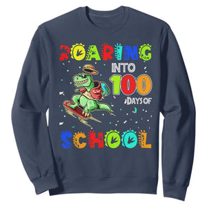 Funny Dinosaur Trex Roaring Into 100 Days Of School Sweatshirt TS10 Navy Print Your Wear
