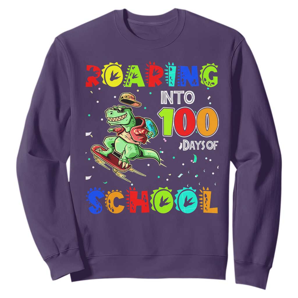 Funny Dinosaur Trex Roaring Into 100 Days Of School Sweatshirt TS10 Purple Print Your Wear