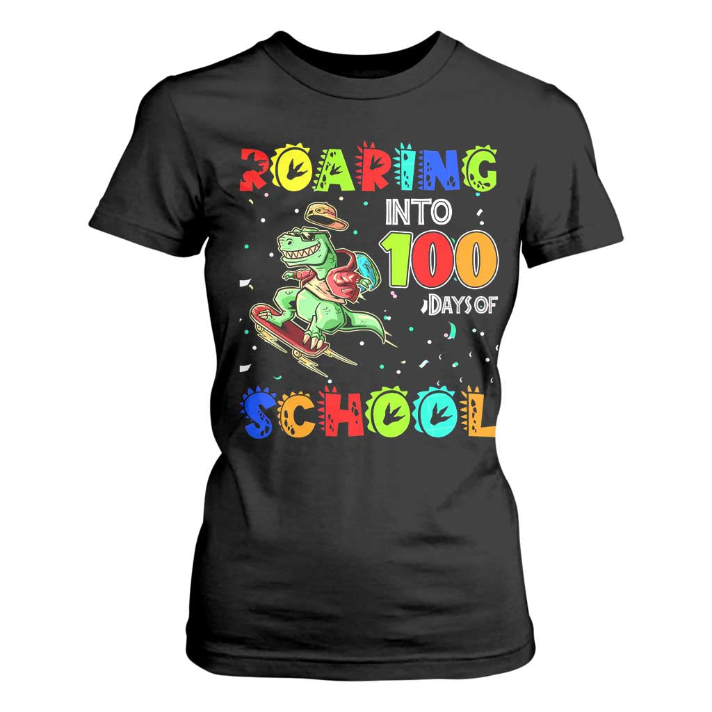 Funny Dinosaur Trex Roaring Into 100 Days Of School T Shirt For Women TS10 Black Print Your Wear
