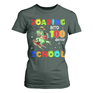 Funny Dinosaur Trex Roaring Into 100 Days Of School T Shirt For Women TS10 Dark Forest Green Print Your Wear