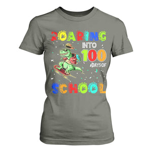 Funny Dinosaur Trex Roaring Into 100 Days Of School T Shirt For Women TS10 Military Green Print Your Wear
