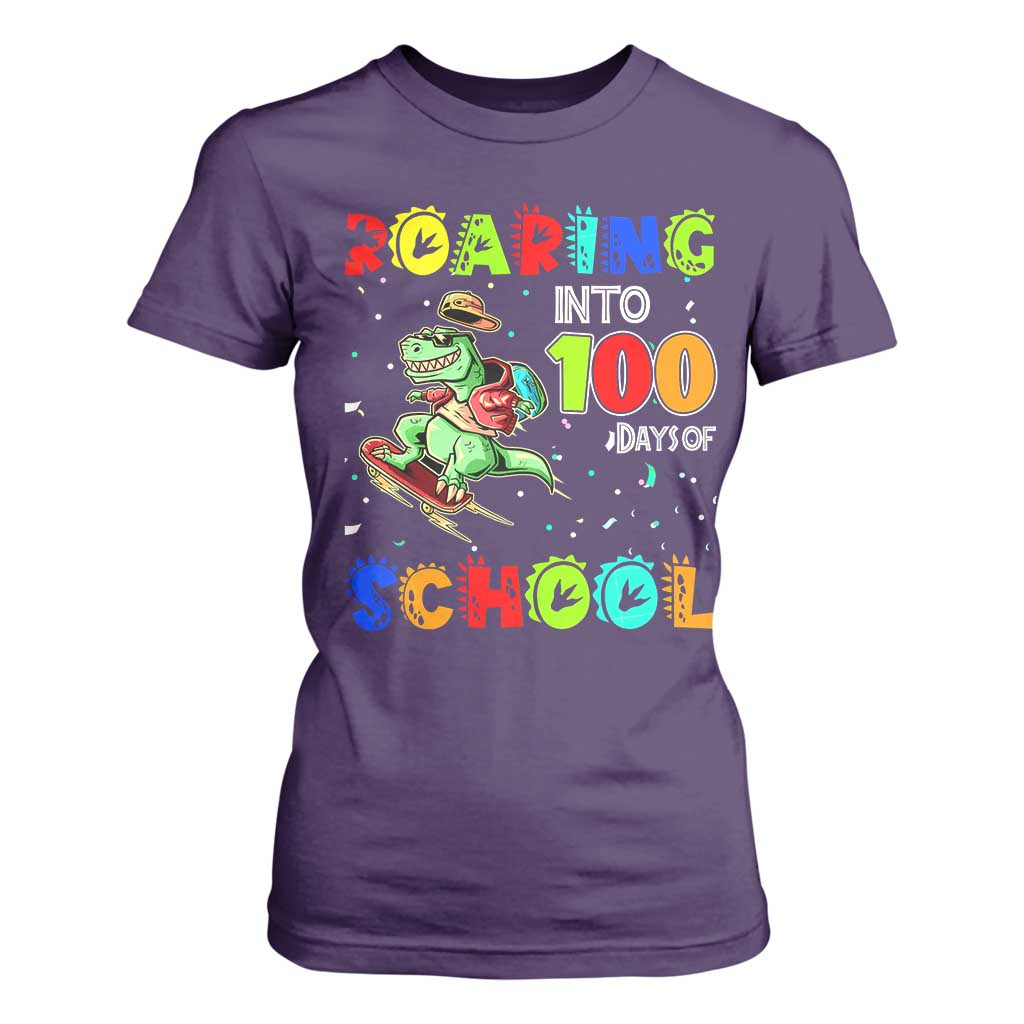 Funny Dinosaur Trex Roaring Into 100 Days Of School T Shirt For Women TS10 Purple Print Your Wear