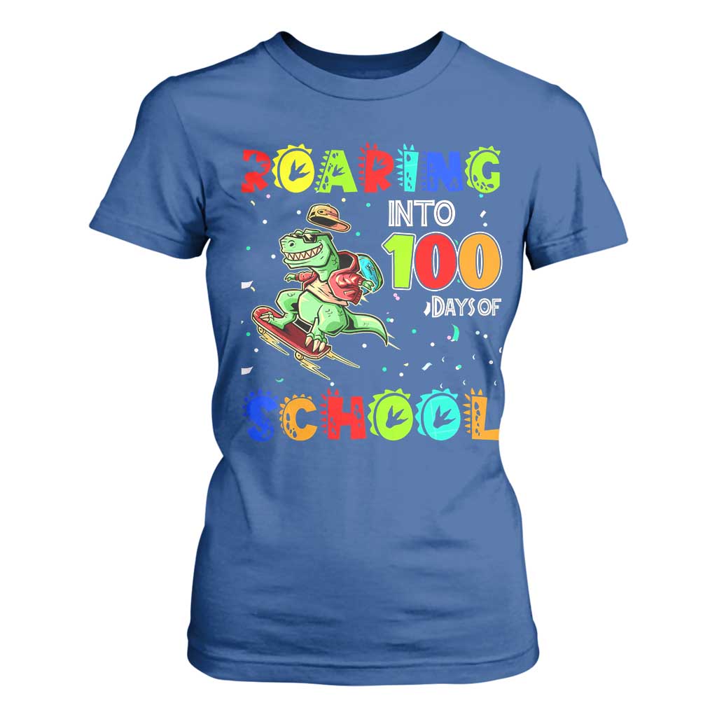 Funny Dinosaur Trex Roaring Into 100 Days Of School T Shirt For Women TS10 Royal Blue Print Your Wear