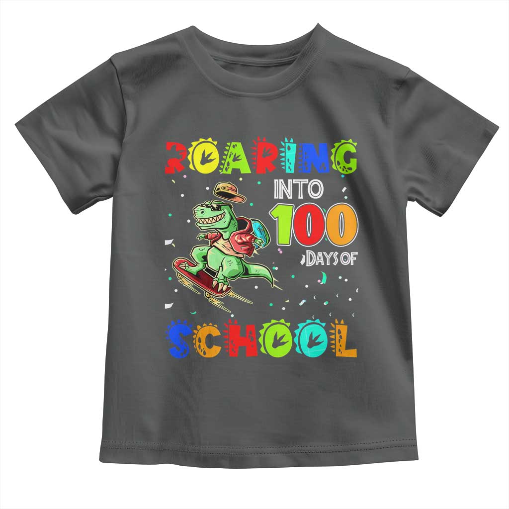 Funny Dinosaur Trex Roaring Into 100 Days Of School Toddler T Shirt TS10 Dark Heather Print Your Wear