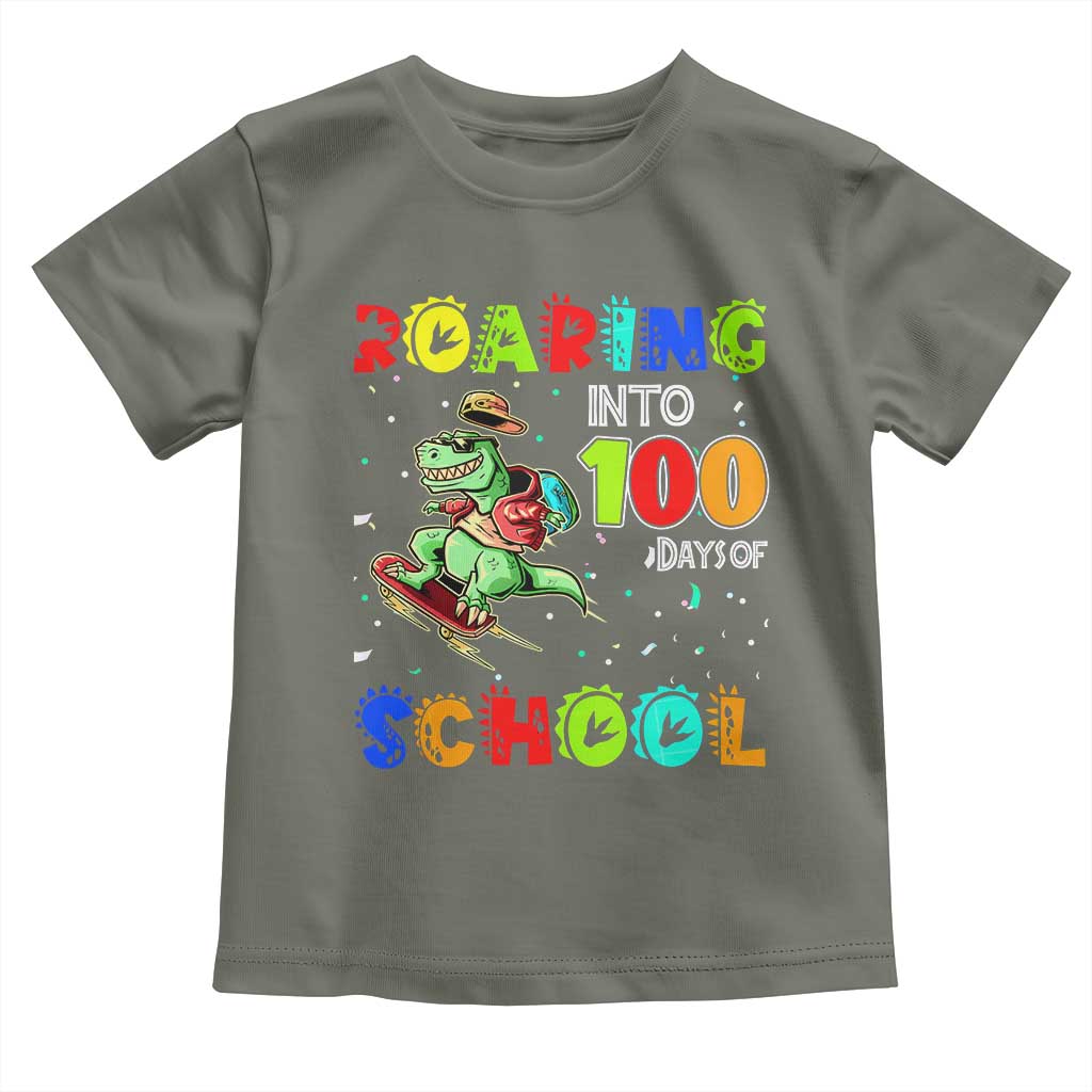 Funny Dinosaur Trex Roaring Into 100 Days Of School Toddler T Shirt TS10 Military Green Print Your Wear