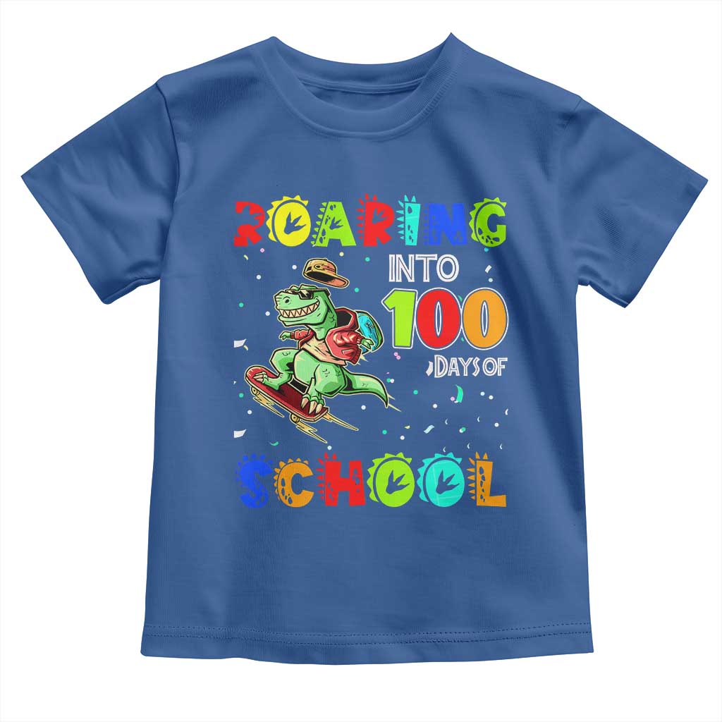 Funny Dinosaur Trex Roaring Into 100 Days Of School Toddler T Shirt TS10 Royal Blue Print Your Wear