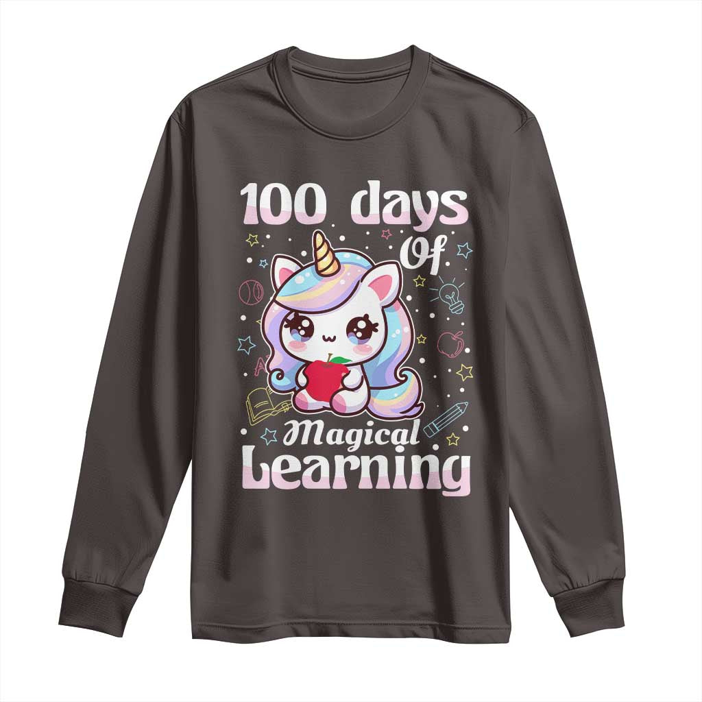 100th Day Of School Unicorn Girls Long Sleeve Shirt Magical Learning TS10 Dark Chocolate Print Your Wear