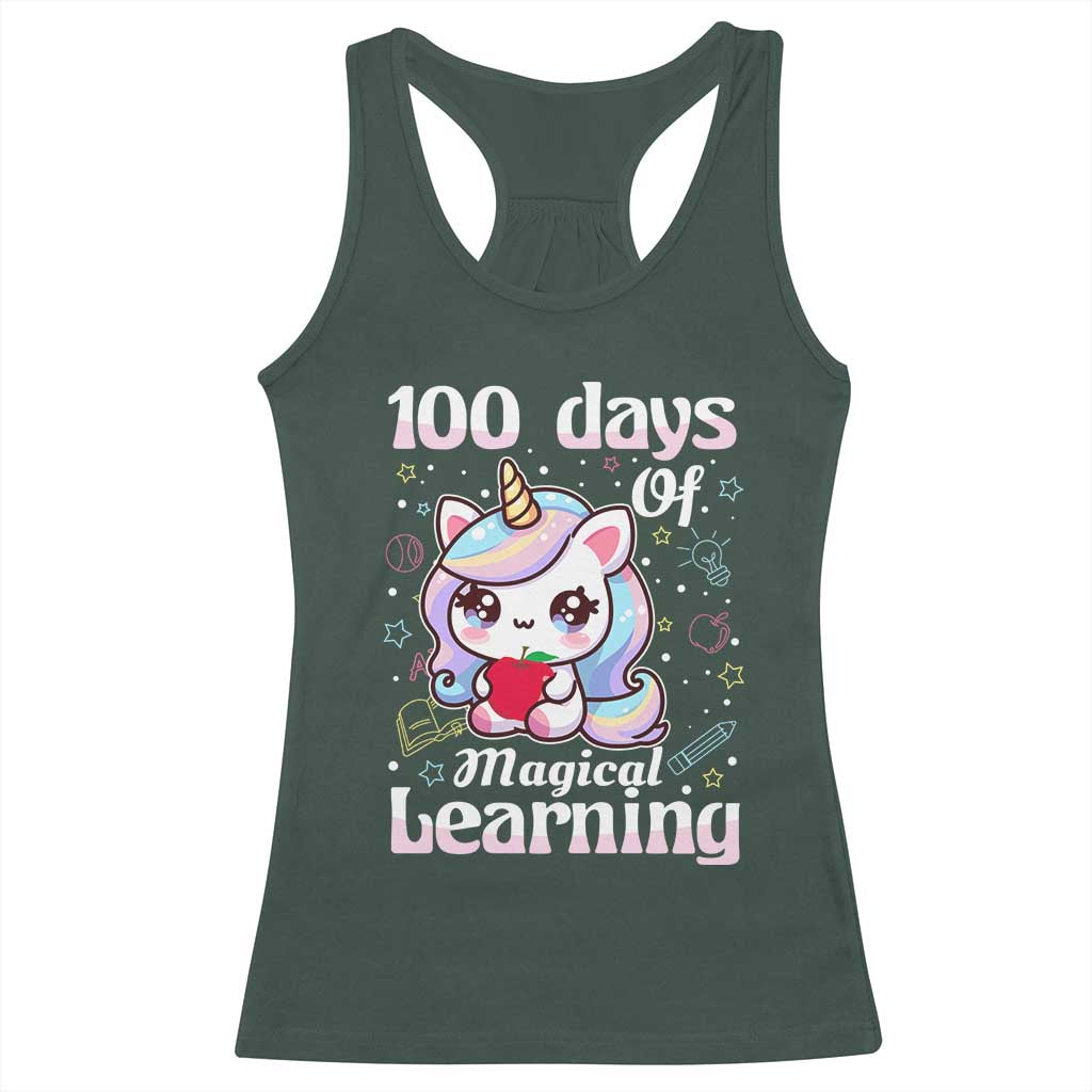100th Day Of School Unicorn Girls Racerback Tank Top Magical Learning TS10 Dark Forest Green Print Your Wear