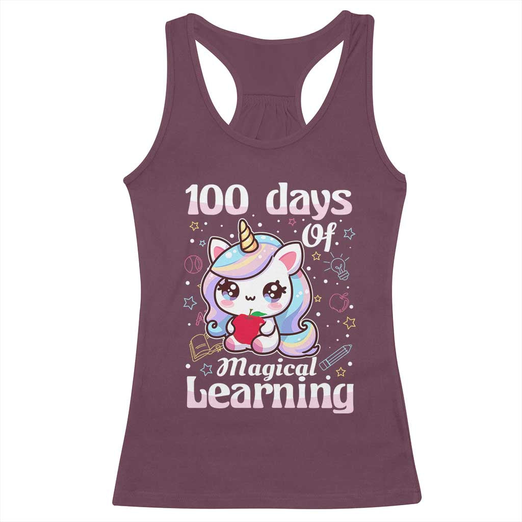 100th Day Of School Unicorn Girls Racerback Tank Top Magical Learning TS10 Maroon Print Your Wear