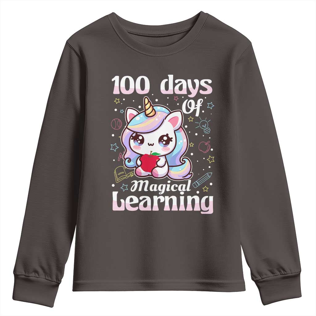 100th Day Of School Unicorn Girls Youth Sweatshirt Magical Learning TS10 Dark Chocolate Print Your Wear