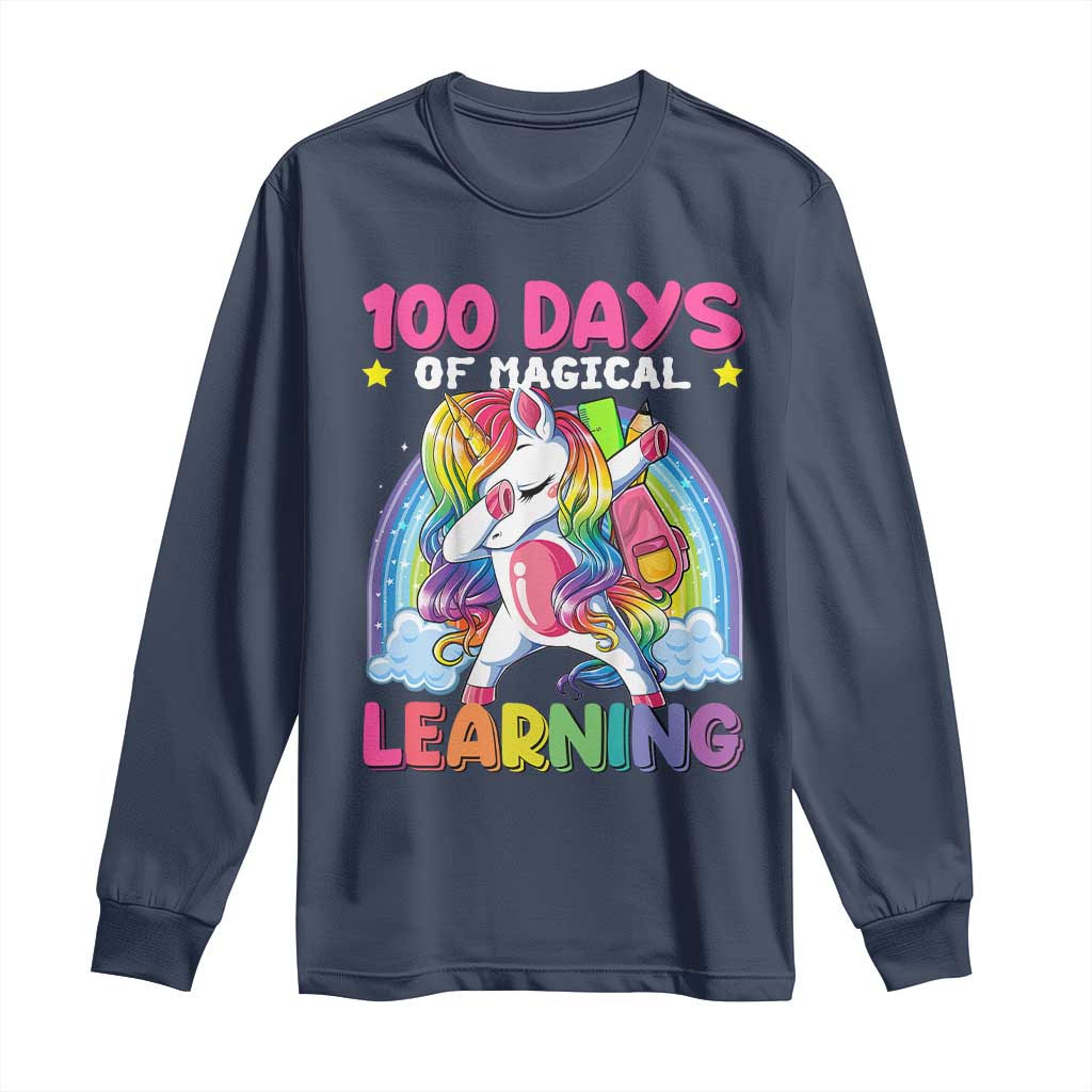 100 Days Of School Long Sleeve Shirt Rainbow Dabbing Unicorn Magic Learning Girls Gift TS10 Navy Print Your Wear