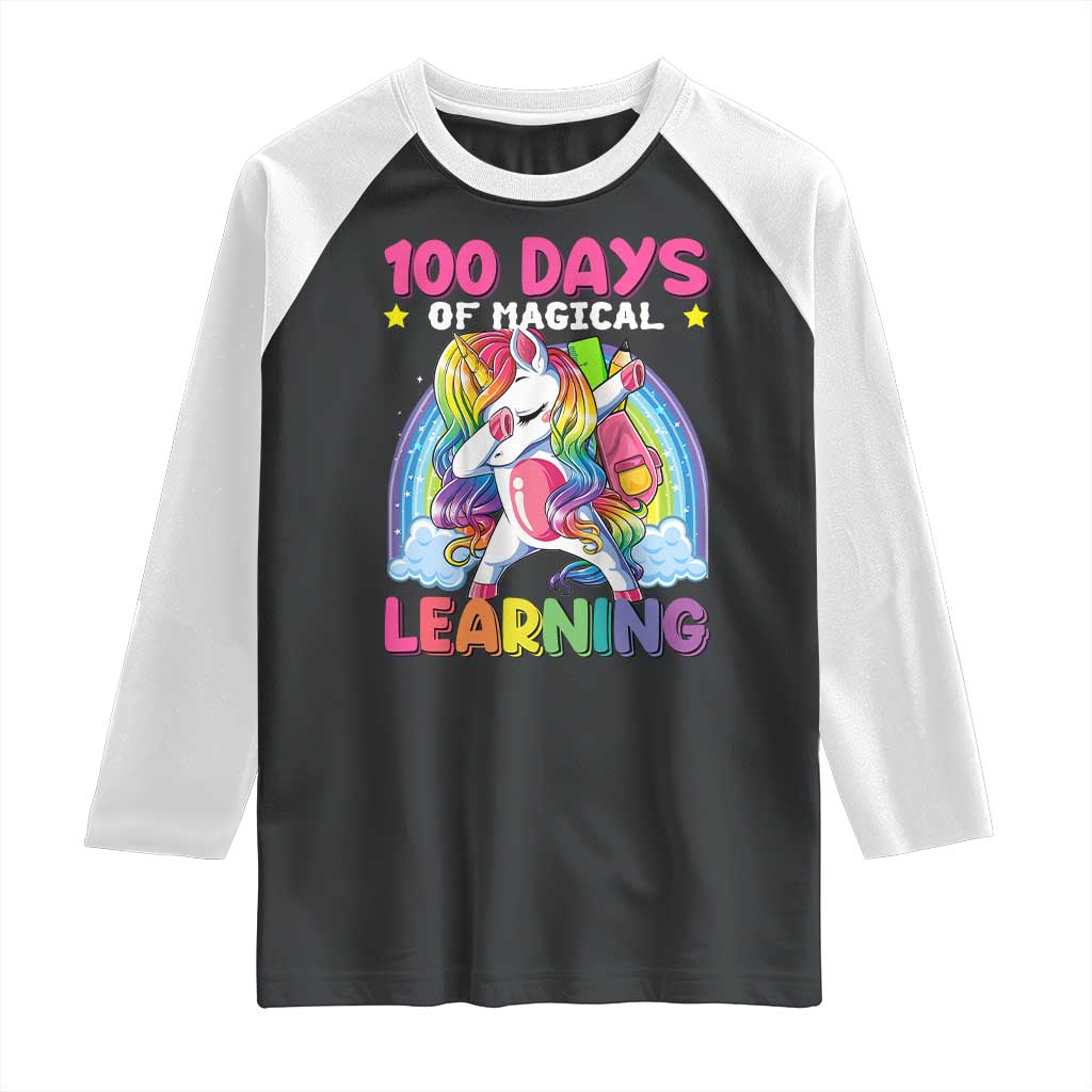 100 Days Of School Raglan Shirt Rainbow Dabbing Unicorn Magic Learning Girls Gift TS10 Black White Print Your Wear