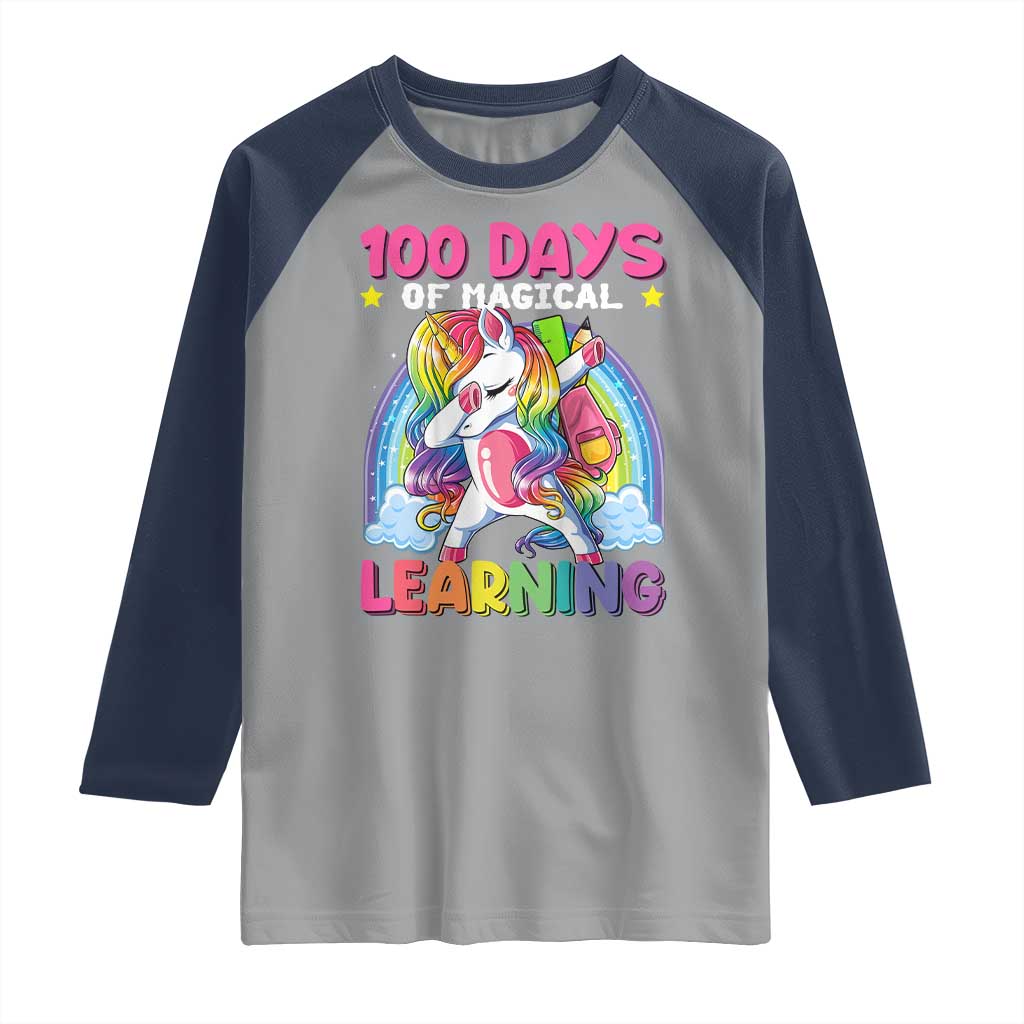 100 Days Of School Raglan Shirt Rainbow Dabbing Unicorn Magic Learning Girls Gift TS10 Sport Gray Navy Print Your Wear