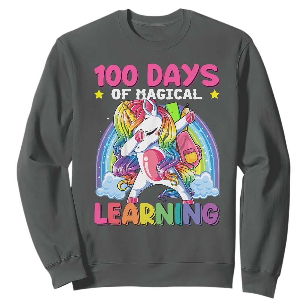 100 Days Of School Sweatshirt Rainbow Dabbing Unicorn Magic Learning Girls Gift TS10 Dark Heather Print Your Wear