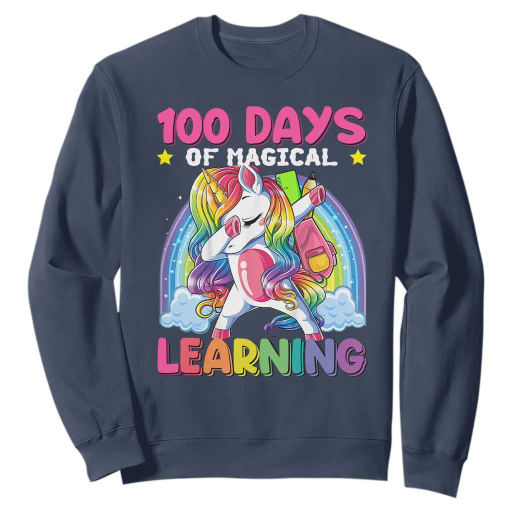 100 Days Of School Sweatshirt Rainbow Dabbing Unicorn Magic Learning Girls Gift TS10 Navy Print Your Wear