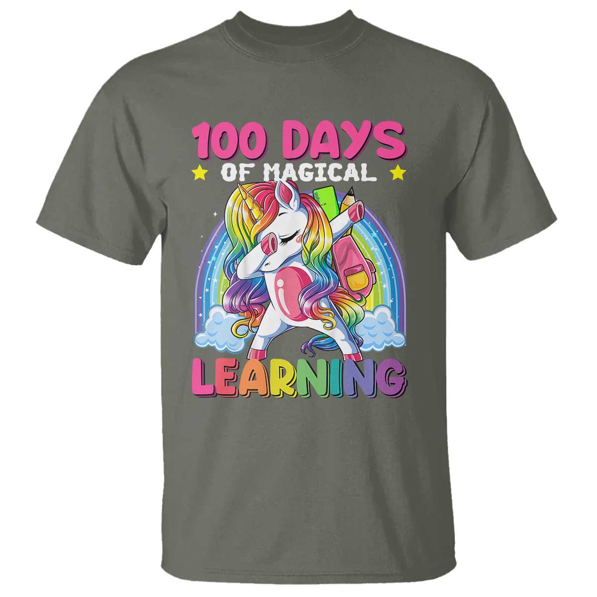 100 Days Of School T Shirt Rainbow Dabbing Unicorn Magic Learning Girls Gift TS10 Military Green Print Your Wear
