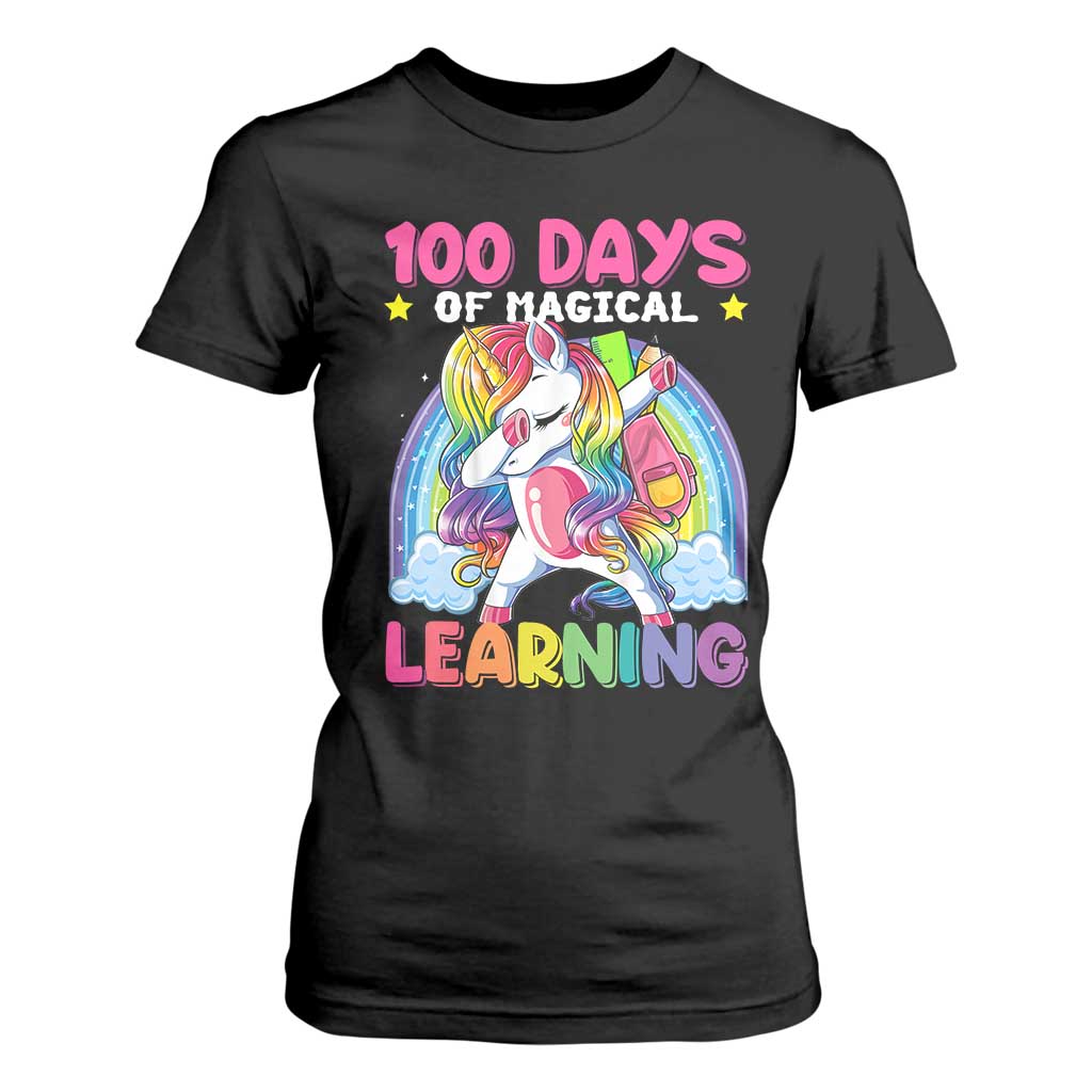 100 Days Of School T Shirt For Women Rainbow Dabbing Unicorn Magic Learning Girls Gift TS10 Black Print Your Wear