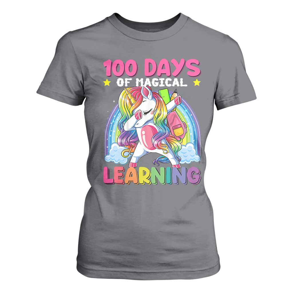 100 Days Of School T Shirt For Women Rainbow Dabbing Unicorn Magic Learning Girls Gift TS10 Charcoal Print Your Wear