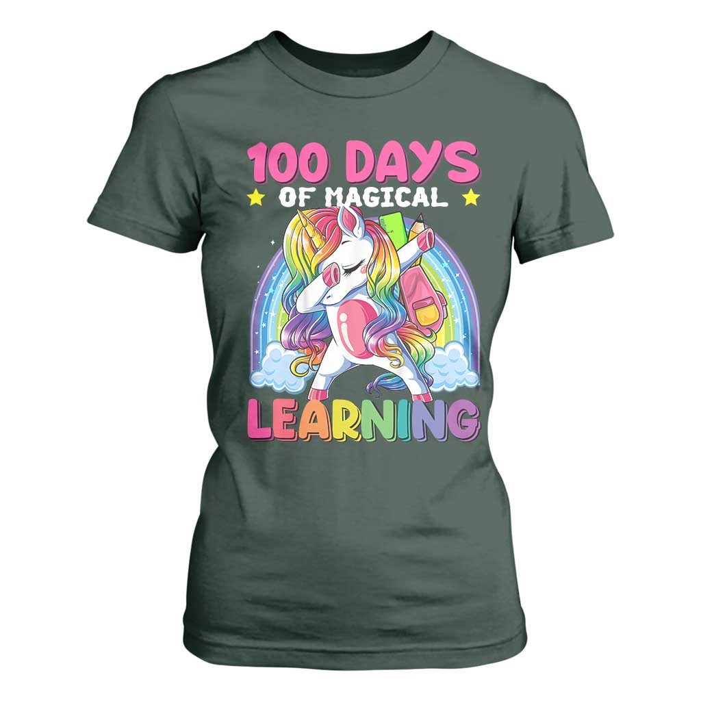 100 Days Of School T Shirt For Women Rainbow Dabbing Unicorn Magic Learning Girls Gift TS10 Dark Forest Green Print Your Wear