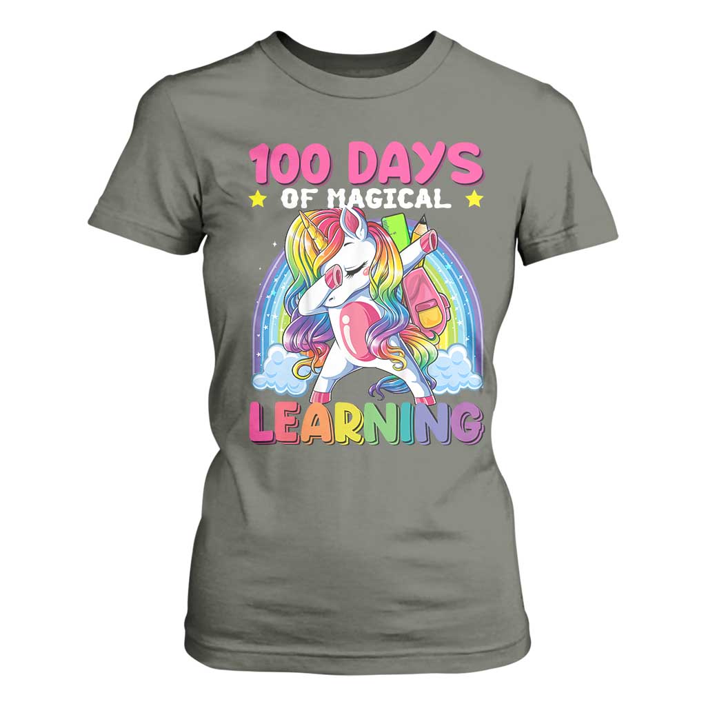 100 Days Of School T Shirt For Women Rainbow Dabbing Unicorn Magic Learning Girls Gift TS10 Military Green Print Your Wear