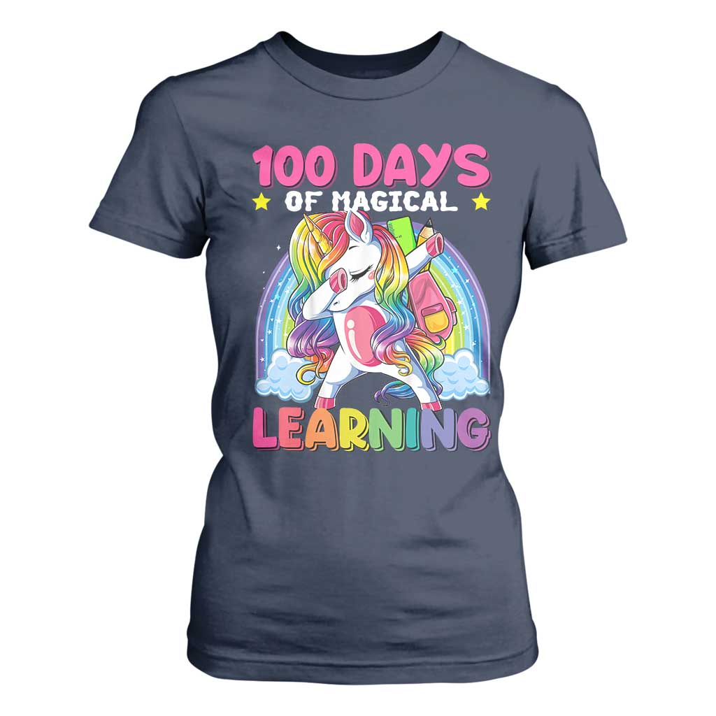100 Days Of School T Shirt For Women Rainbow Dabbing Unicorn Magic Learning Girls Gift TS10 Navy Print Your Wear