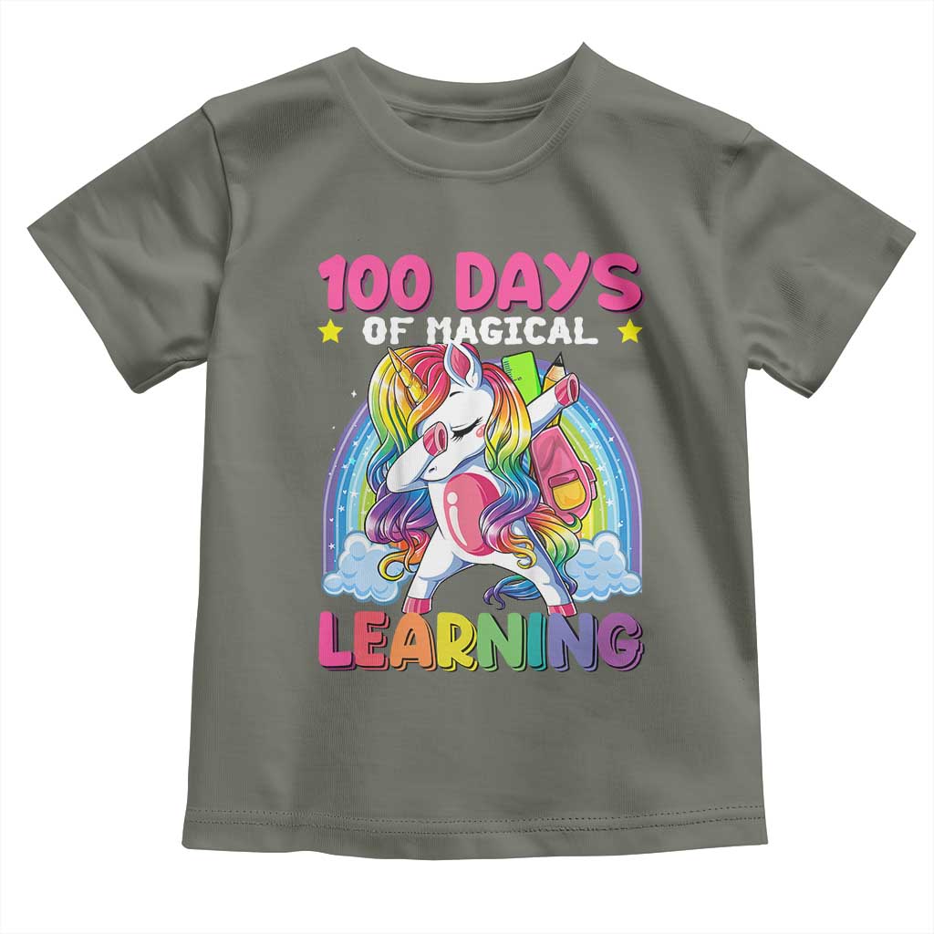 100 Days Of School Toddler T Shirt Rainbow Dabbing Unicorn Magic Learning Girls Gift TS10 Military Green Print Your Wear