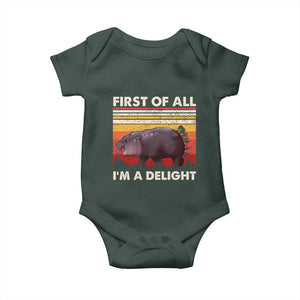Funny Pygmy Hippo Moo Deng Baby Onesie First Of All I'm A Delight Sarcastic Infant Bodysuit TS10 Print Your Wear