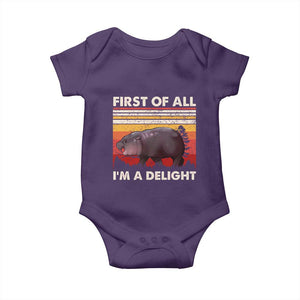 Funny Pygmy Hippo Moo Deng Baby Onesie First Of All I'm A Delight Sarcastic Infant Bodysuit TS10 Purple Print Your Wear