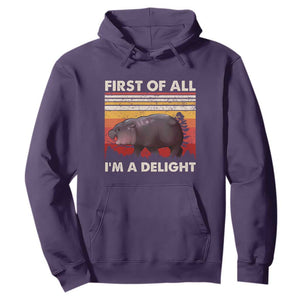 Moo Deng Hoodie First Of All I'm A Delight Sarcastic Angry Pygmy Hippo TS10 Purple Print Your Wear