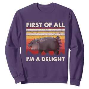 Moo Deng Sweatshirt First Of All I'm A Delight Sarcastic Angry Pygmy Hippo TS10 Purple Print Your Wear