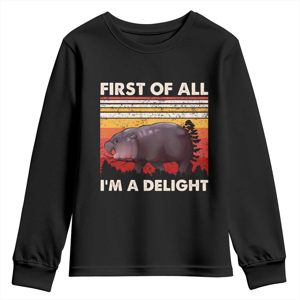 Moo Deng Youth Sweatshirt First Of All I'm A Delight Sarcastic Angry Pygmy Hippo TS10 Black Print Your Wear