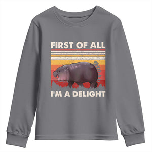 Moo Deng Youth Sweatshirt First Of All I'm A Delight Sarcastic Angry Pygmy Hippo TS10 Charcoal Print Your Wear