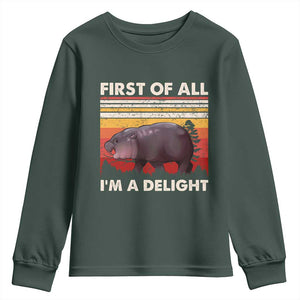 Moo Deng Youth Sweatshirt First Of All I'm A Delight Sarcastic Angry Pygmy Hippo TS10 Dark Forest Green Print Your Wear