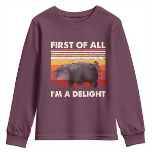 Moo Deng Youth Sweatshirt First Of All I'm A Delight Sarcastic Angry Pygmy Hippo TS10 Maroon Print Your Wear
