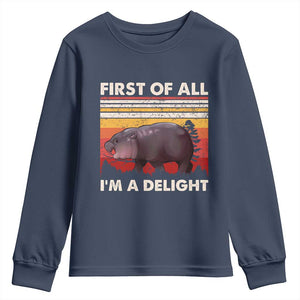 Moo Deng Youth Sweatshirt First Of All I'm A Delight Sarcastic Angry Pygmy Hippo TS10 Navy Print Your Wear