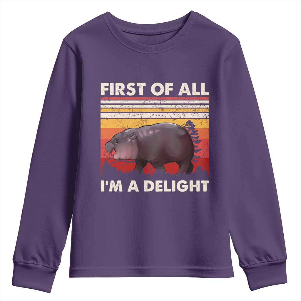 Moo Deng Youth Sweatshirt First Of All I'm A Delight Sarcastic Angry Pygmy Hippo TS10 Purple Print Your Wear