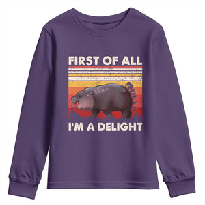 Moo Deng Youth Sweatshirt First Of All I'm A Delight Sarcastic Angry Pygmy Hippo TS10 Purple Print Your Wear