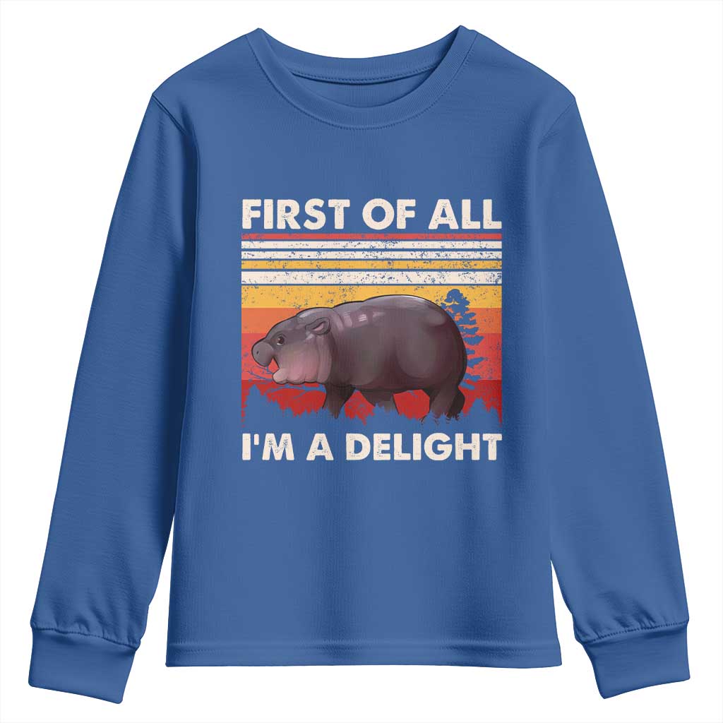 Moo Deng Youth Sweatshirt First Of All I'm A Delight Sarcastic Angry Pygmy Hippo TS10 Royal Blue Print Your Wear