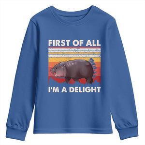 Moo Deng Youth Sweatshirt First Of All I'm A Delight Sarcastic Angry Pygmy Hippo TS10 Royal Blue Print Your Wear