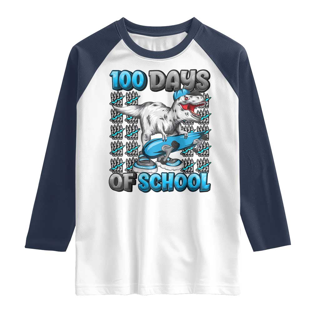 100 Days of School 100th Day Dinosaur Raglan Shirt TS10 White Navy Print Your Wear